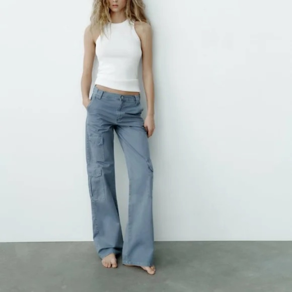 ZARA TRF Wide Leg Cargo Pants Light Blue Size 2/ 26 (Runs Big) Distressed Hem